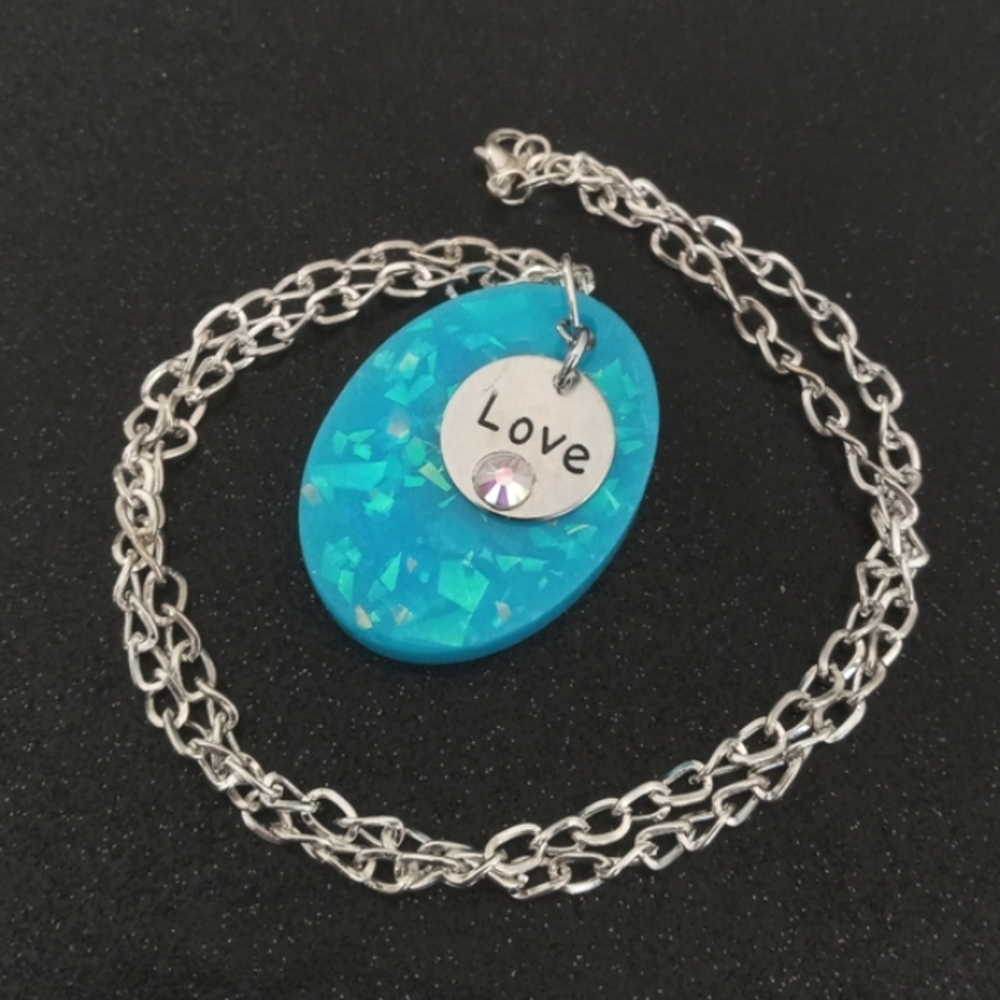 Faux blue opal oval pendant with love charm on 18" silver necklace handmade new